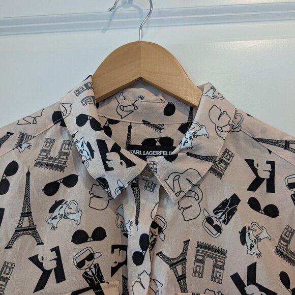 Karl Lagerfeld Button-up Blouse Women's Medium Pink Graphic Cats Paris Top - Picture 7 of 16
